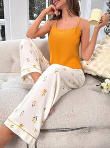 Floral Print Contrast Piping PJ Set / Pajama Set - Yellow - View 5