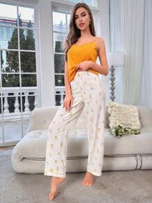 Floral Print Contrast Piping PJ Set / Pajama Set - Yellow - View 6