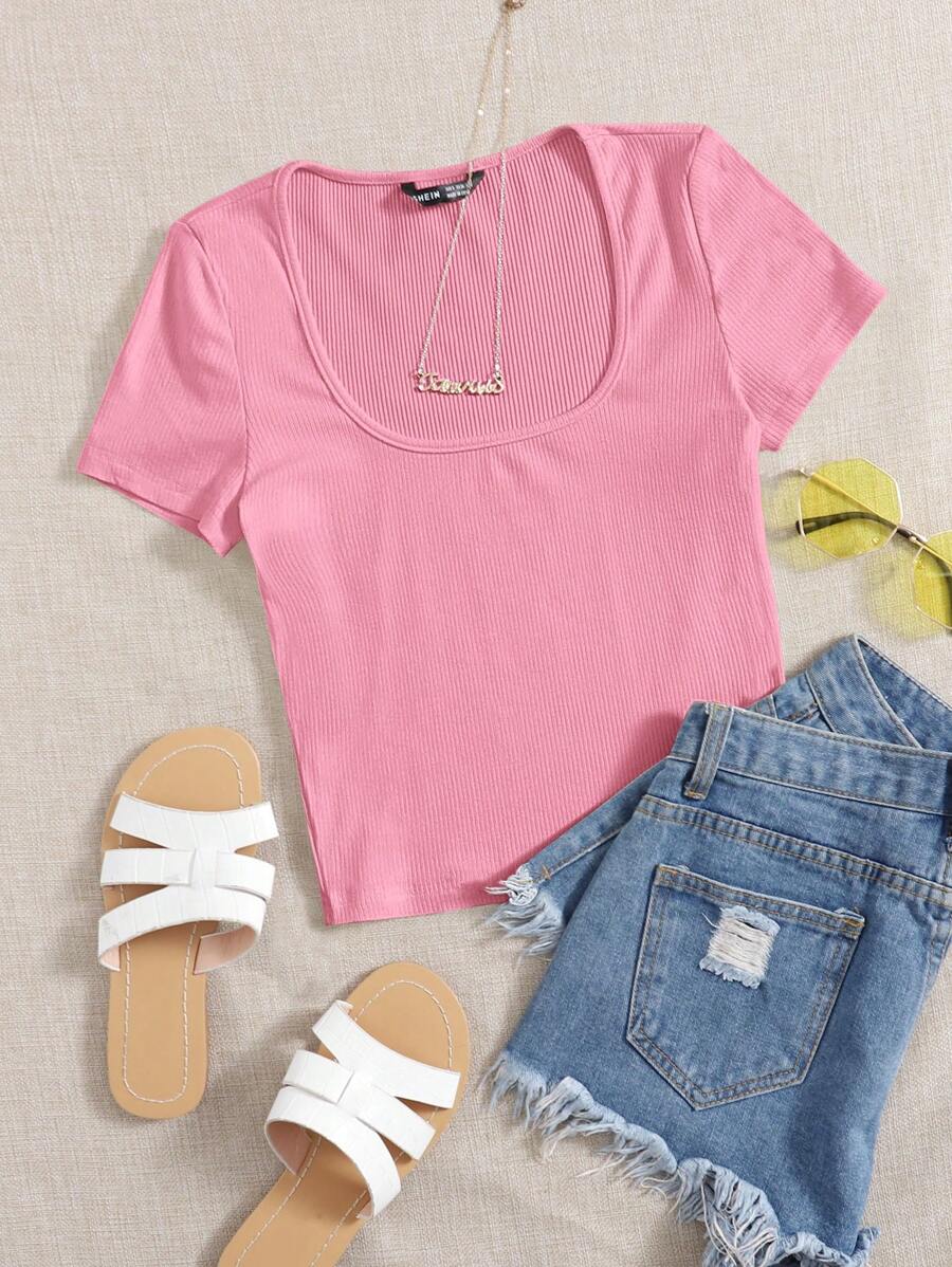 SHEIN EZwear 夏季淺口圓領實色粉紅色t恤 - 粉色 - 查看 1