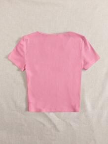SHEIN EZwear 夏季淺口圓領實色粉紅色t恤 - 粉色 - 查看 2