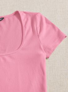 SHEIN EZwear 夏季淺口圓領實色粉紅色t恤 - 粉色 - 查看 3