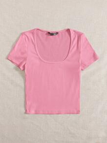 SHEIN EZwear 夏季淺口圓領實色粉紅色t恤 - 粉色 - 查看 5