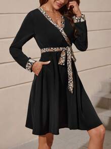 SHEIN Clasi 拼接邊繫腰帶洋裝 - 黑色 - 查看 5