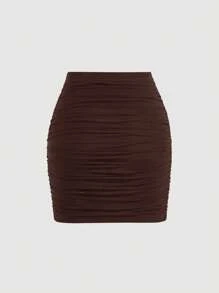 SHEIN MOD 素色褶邊交叉圍裹包臀半身裙 - 巧克力棕 - 查看 2