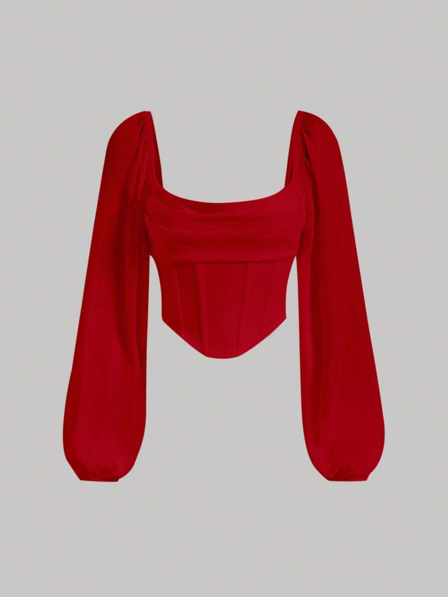 SHEIN MOD Square Neck Lantern Sleeve Ruched Bandana Hem Crop Red Bra Cup Gathered Lapel CropTop - Red - View 1