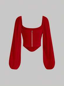 SHEIN MOD Square Neck Lantern Sleeve Ruched Bandana Hem Crop Red Bra Cup Gathered Lapel CropTop - Red - View 2