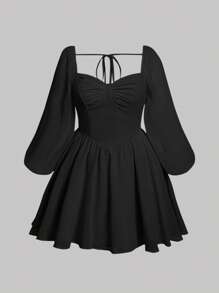 SHEIN MOD 大碼後綁帶燈籠袖胸部褶皺洋裝 - 黑色 - 查看 1