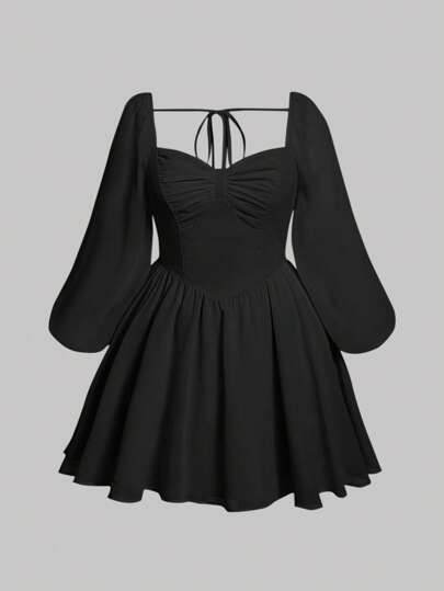 SHEIN MOD Plus Tie Back Lantern Sleeve Ruched Bust Dress,Graduation Dress