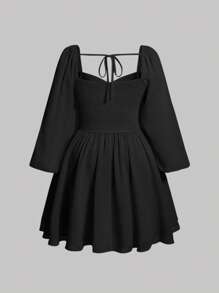 SHEIN MOD 大碼後綁帶燈籠袖胸部褶皺洋裝 - 黑色 - 查看 2