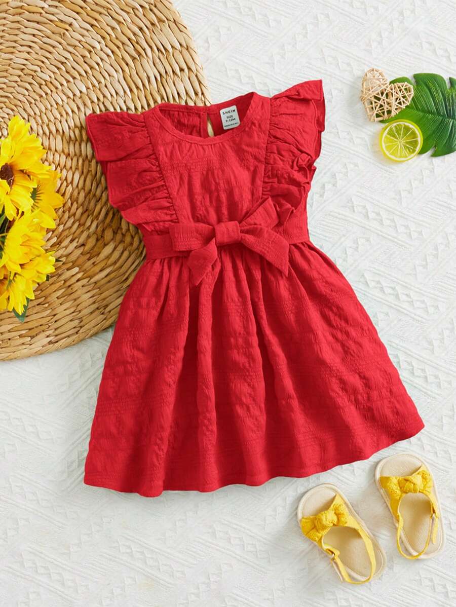 Baby Girl Solid Color Round Neck Cap Sleeve Belted Cute Dress - Red - View 1