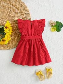 Baby Girl Solid Color Round Neck Cap Sleeve Belted Cute Dress - Red - View 2