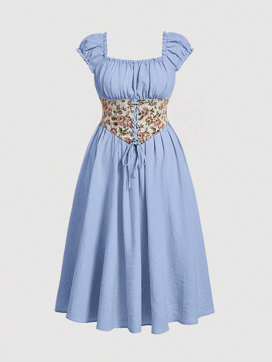 SHEIN MOD Talla grande Vestido con estampado floral con cordón delantero pecho con fruncido - Celeste - Ver 1