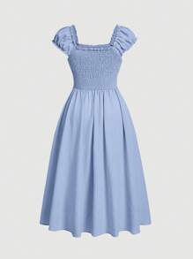 SHEIN MOD Talla grande Vestido con estampado floral con cordón delantero pecho con fruncido - Celeste - Ver 2