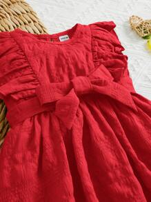 Baby Girl Solid Color Round Neck Cap Sleeve Belted Cute Dress - Red - View 3