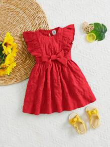 Baby Girl Solid Color Round Neck Cap Sleeve Belted Cute Dress - Red - View 5