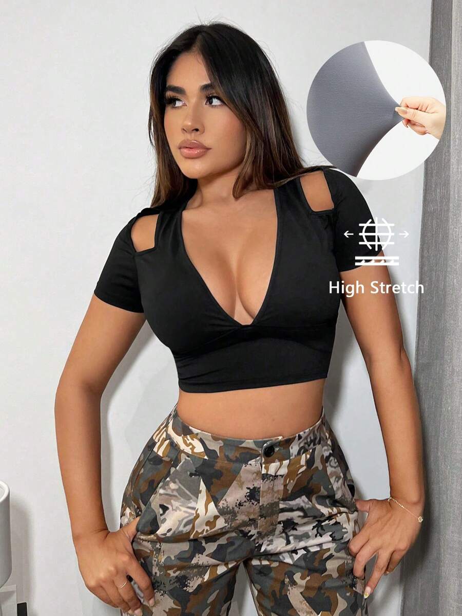 SHEIN SXY Áo thun nữ Cắt ra màu trơn Gợi cảm - màu đen - Xem 1
