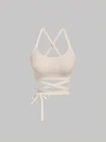 SHEIN MOD 素色交叉後綁帶吊帶上衣 - 米色 - 查看 1