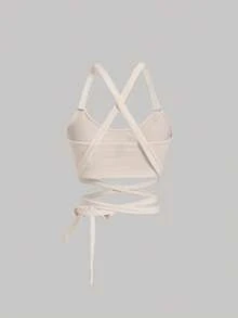 SHEIN MOD 素色交叉後綁帶吊帶上衣 - 米色 - 查看 2