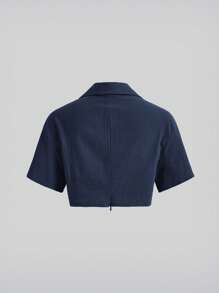 SHEIN EZwear 翻蓋口袋落肩袖短款襯衫 - 藏蓝色 - 查看 2