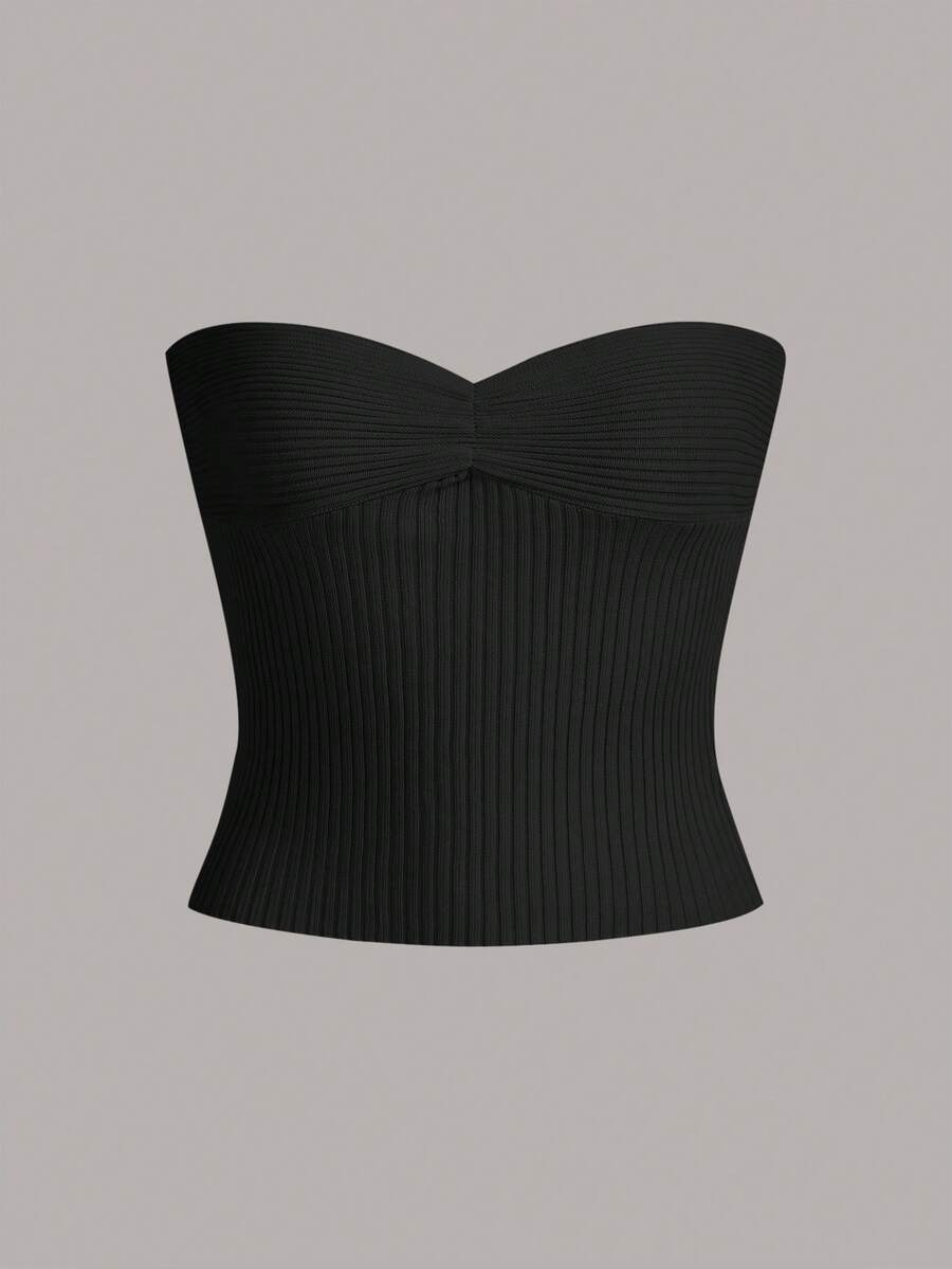 SHEIN EZwear 素色抹胸針織上衣 - 黑色 - 查看 1