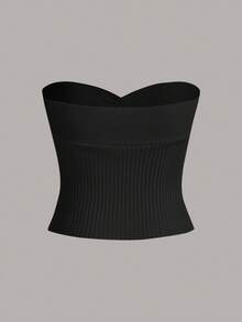 SHEIN EZwear 素色抹胸針織上衣 - 黑色 - 查看 2