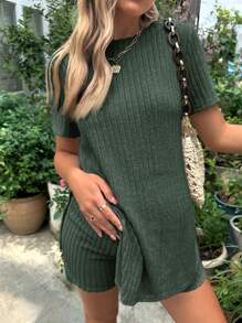 SHEIN Maternidad Camiseta unicolor tejido de canalé & Shorts de cintura ajustable - Verde militar - Ver 3