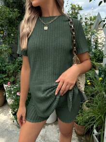 SHEIN Maternidad Camiseta unicolor tejido de canalé & Shorts de cintura ajustable - Verde militar - Ver 6