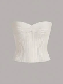 SHEIN EZwear 素色條紋針織抹胸上衣 - 白色 - 查看 1