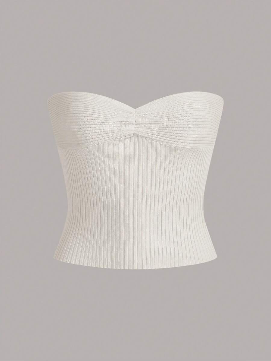 SHEIN EZwear 素色條紋針織抹胸上衣 - 白色 - 查看 1