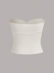 SHEIN EZwear 素色條紋針織抹胸上衣 - 白色 - 查看 2