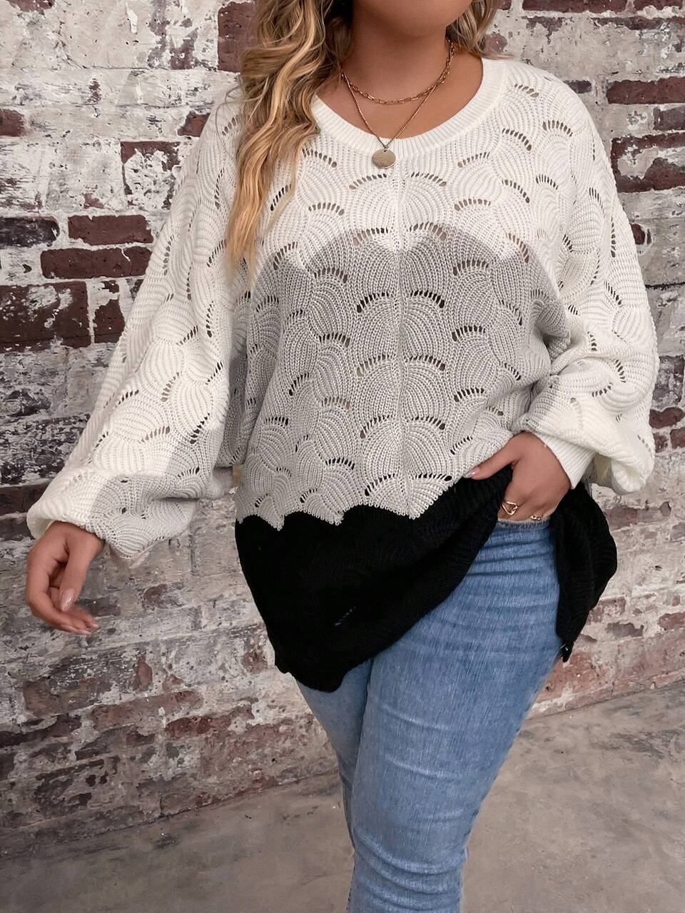 Plus Colorblock Batwing Sleeve Pointelle Knit Sweater