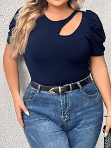 SHEIN Clasi Plus Cut Out Puff Sleeve Tee - Navy Blue - View 1