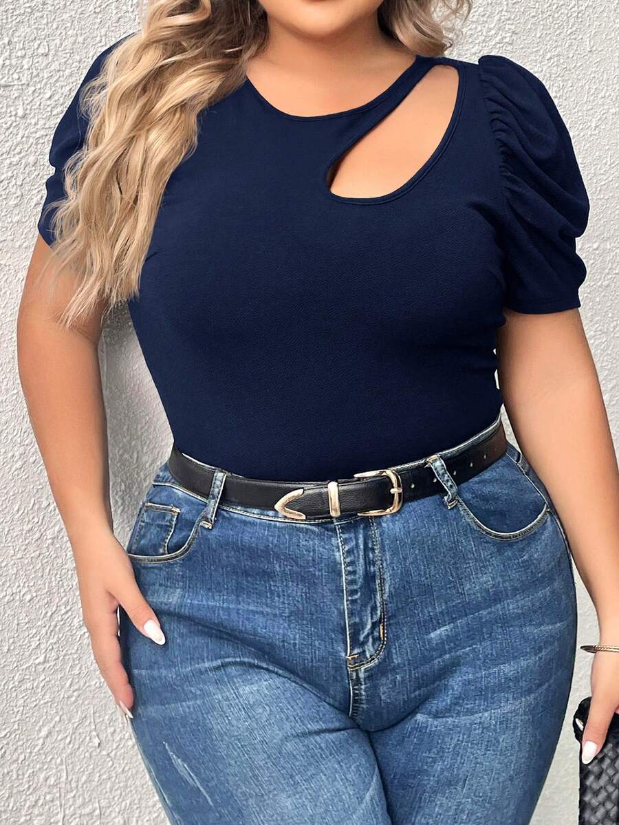 SHEIN Clasi Plus Cut Out Puff Sleeve Tee - Navy Blue - View 1