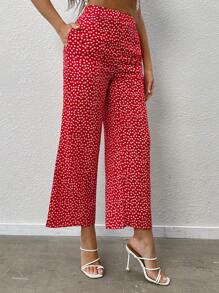SHEIN PETITE Ditsy Floral Wide Leg Trousers - Red and White - View 1
