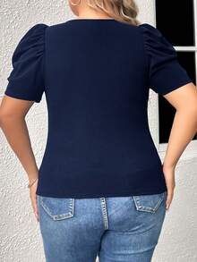 SHEIN Clasi Plus Cut Out Puff Sleeve Tee - Navy Blue - View 2