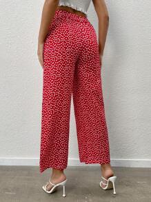 SHEIN PETITE Ditsy Floral Wide Leg Trousers - Red and White - View 2