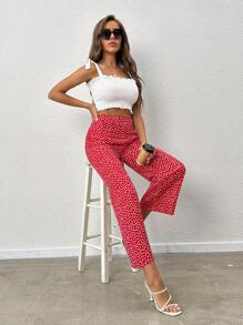 SHEIN PETITE Ditsy Floral Wide Leg Trousers - Red and White - View 3