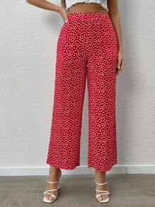 SHEIN PETITE Ditsy Floral Wide Leg Trousers - Red and White - View 4