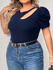 SHEIN Clasi Plus Cut Out Puff Sleeve Tee - Navy Blue - View 5