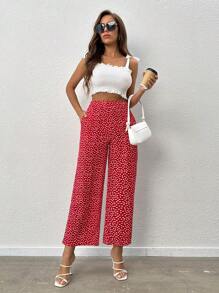 SHEIN PETITE Ditsy Floral Wide Leg Trousers - Red and White - View 5