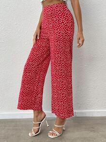 SHEIN PETITE Ditsy Floral Wide Leg Trousers - Red and White - View 6