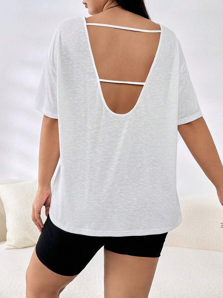 SHEIN Essnce 大碼後鏤空落肩T恤 - 白色 - 查看 1