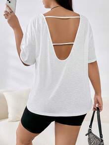 SHEIN Essnce 大碼後鏤空落肩T恤 - 白色 - 查看 3