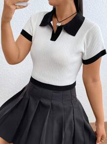 SHEIN EZwear 大碼拼接邊針織上衣 - 白色 - 查看 1