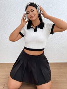 SHEIN EZwear 大碼拼接邊針織上衣 - 白色 - 查看 3