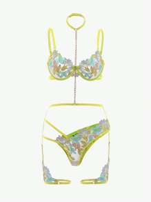 花卉刺繡網紗鋼圈吊帶襪內衣套裝