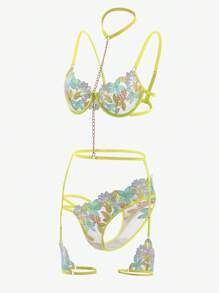 花卉刺繡網紗鋼圈吊帶襪內衣套裝