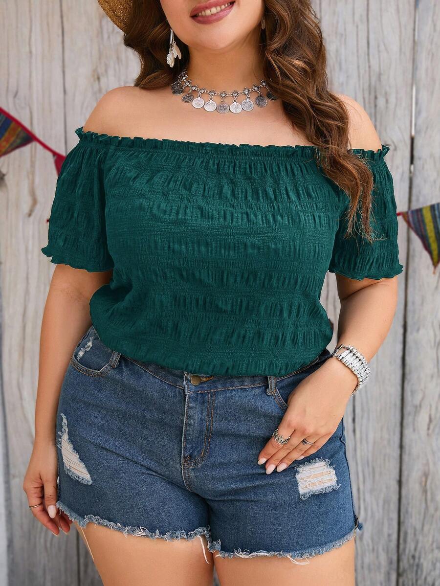 SHEIN Clasi Plus Off Shoulder Frill Trim Blouse - Dark Green - View 1