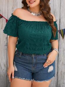 SHEIN Clasi Plus Off Shoulder Frill Trim Blouse - Dark Green - View 3