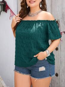 SHEIN Clasi Plus Off Shoulder Frill Trim Blouse - Dark Green - View 5
